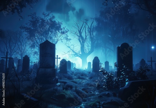 A haunting cemetery scene under a moody night sky, featuring gravestones and eerie lighting. photo