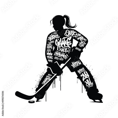 Hockey  female player in graffiti tags, street art pattern illustration, emblem shield badge