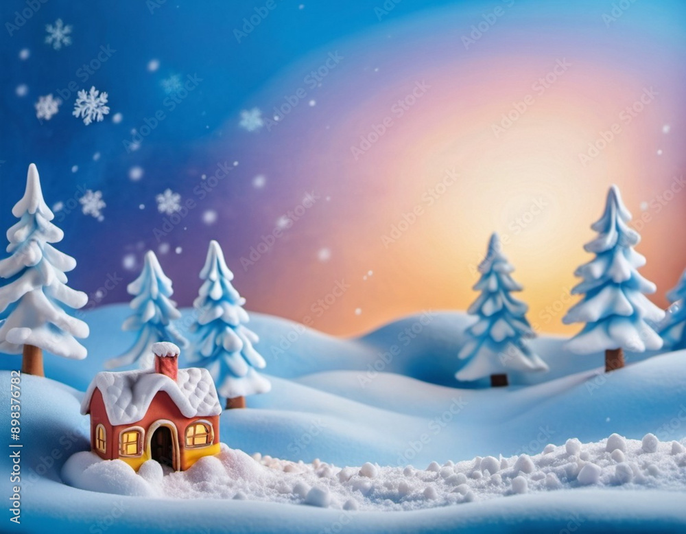 Fototapeta premium Whimsical village, gingerbread house, snow-covered roofs, windows and chimney. House is surrounded by snow and snowflakes. Blue bokeh background. Festive and enchanting winter wonderland. AI generated
