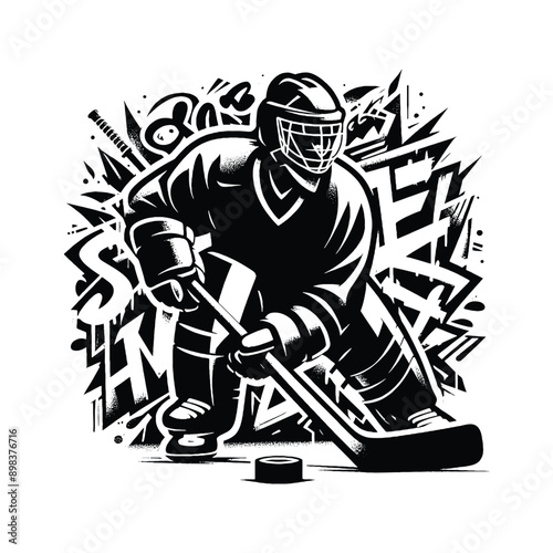 Hockey  female player in graffiti tags, street art pattern illustration, emblem shield badge