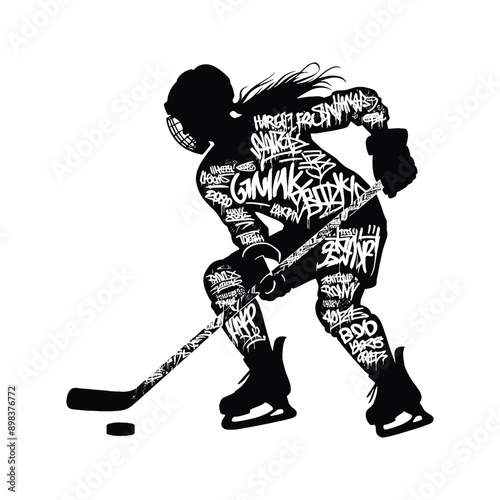 Hockey  female player in graffiti tags, street art pattern illustration, emblem shield badge