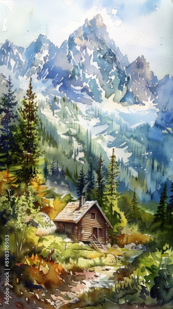 Tranquil Mountain Escape - Watercolor Painting of Serene Cabin Retreat in Natural Tones Tranquil Mountain Escape - Watercolor Painting of Serene Cabin Retreat in Natural Tones