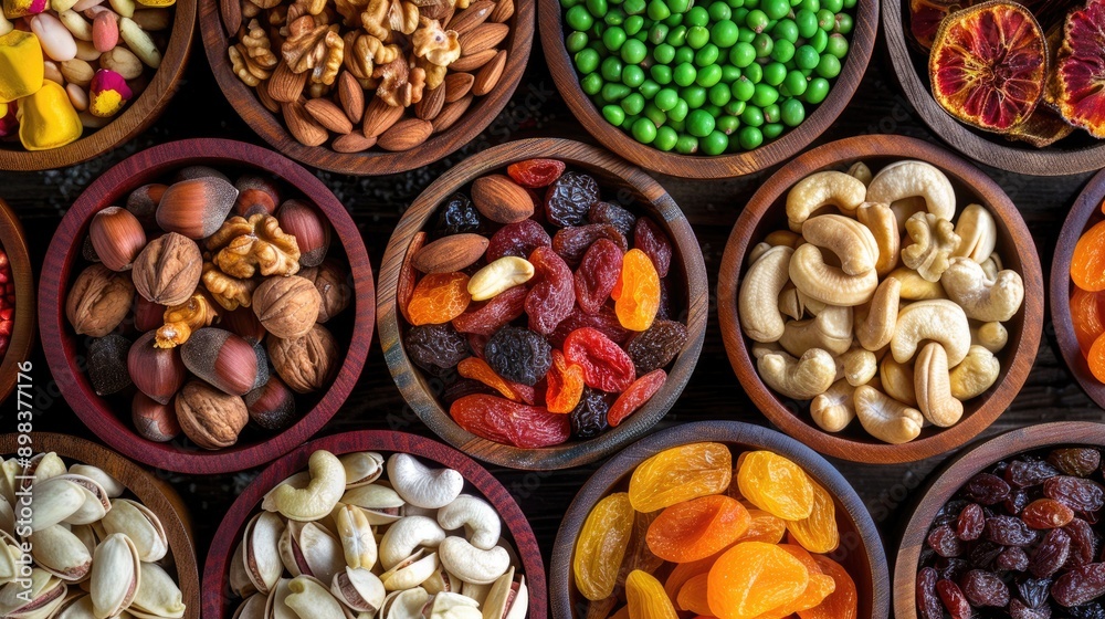Assorted nuts and dried fruit. Organic food in wooden bowls. Assorted nuts and dried fruit. Organic food in wooden bowls.