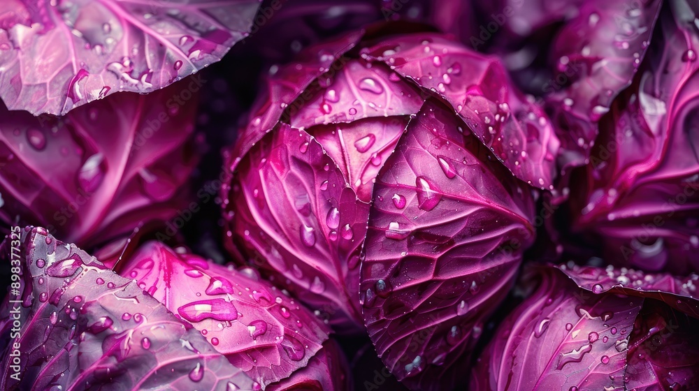 Close-up of fresh red cabbages with water drops on their leaves. Close-up of fresh red cabbages with water drops on their leaves.
