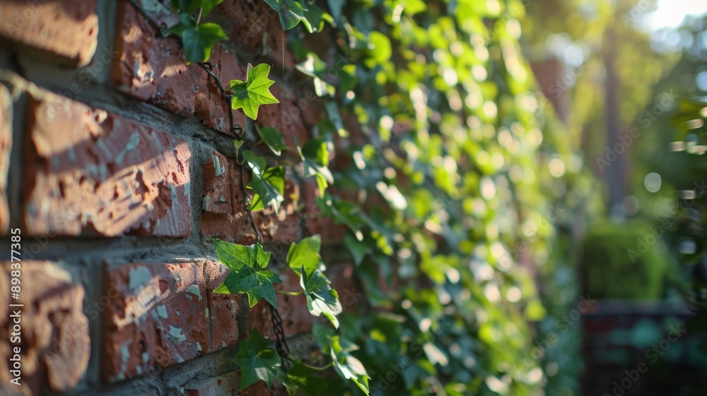Close-up of a brick wall covered with vibrant green ivy leaves, bathed in warm sunlight, creating a serene outdoor scene. Close-up of a brick wall covered with vibrant green ivy leaves, bathed in warm sunlight, creating a serene outdoor scene.