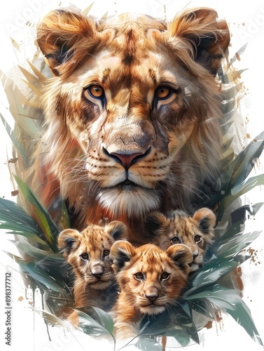 Lioness with lion cubs, image as a tattoo template photo