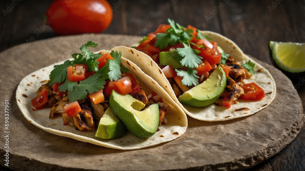 Yummy Mexican taco with grilled chicken served on a corn tortilla Yummy Mexican taco with grilled chicken served on a corn tortilla