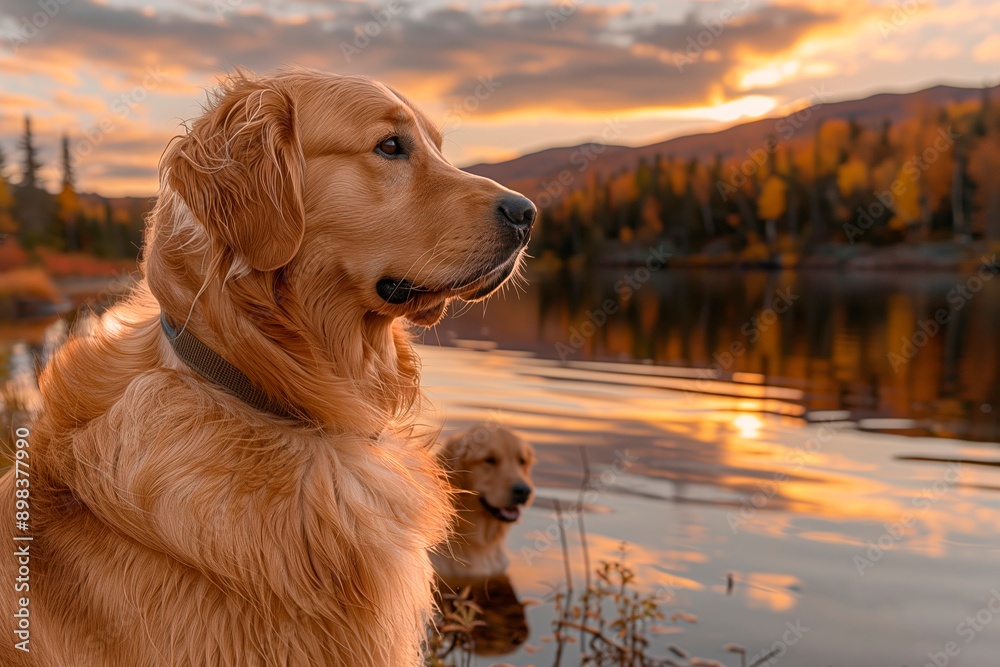 Golden retriever watching sunset over lake in autumn Golden retriever watching sunset over lake in autumn