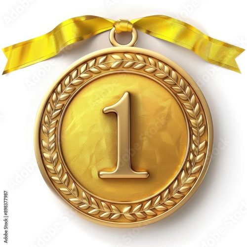 Golden medal with ribbon displaying number 1 in an elegant style photo