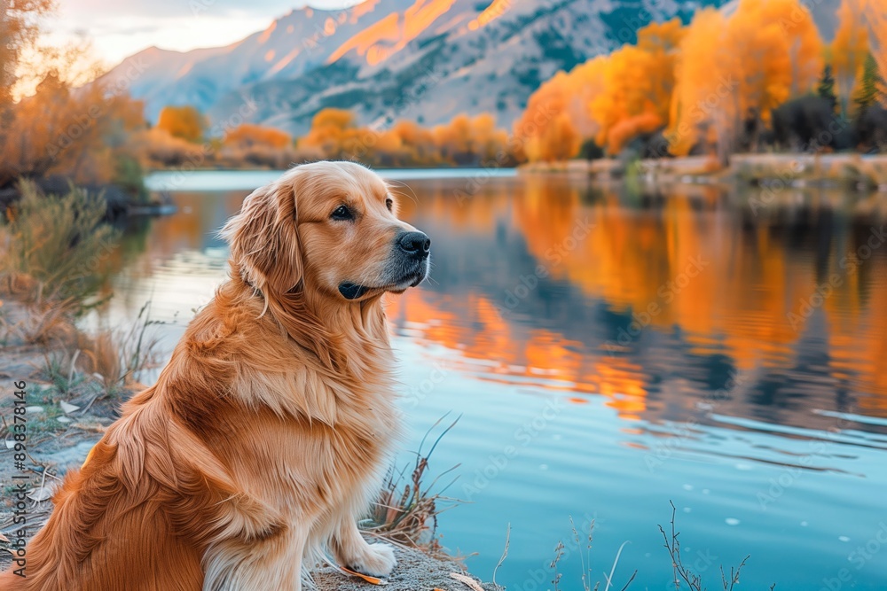 Golden retriever sitting by autumn river Golden retriever sitting by autumn river