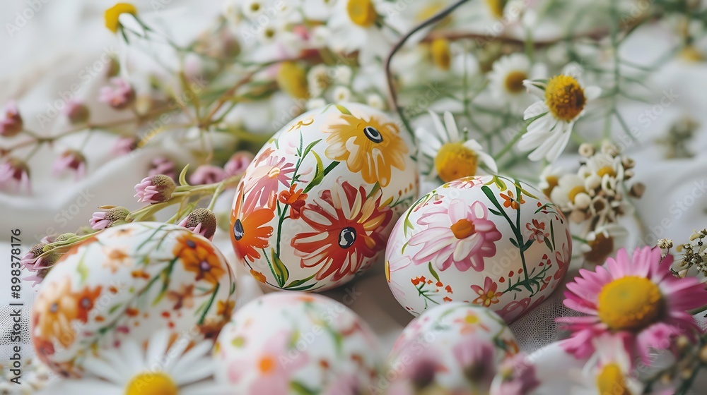 Close-up of hand-painted Easter eggs surrounded by blooming flowers on a white table, bright and airy setting Close-up of hand-painted Easter eggs surrounded by blooming flowers on a white table, bright and airy setting