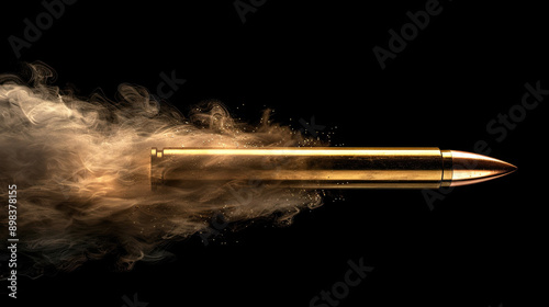 Bullet in motion with smoke trails on black background isolated dynamic firearm imagery weapon concept dark dramatic effect sleek metallic object close-up high-speed photography intense focus photo