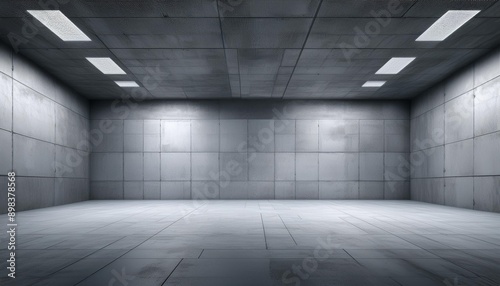 Abstract empty, modern concrete room with random offset light square tiles in the ceiling and rough floor - industrial interior background template © kimberly