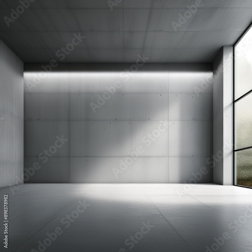 Abstract large, empty, modern concrete room with indirect light from the left, round pillar and rough floor - industrial interior background template