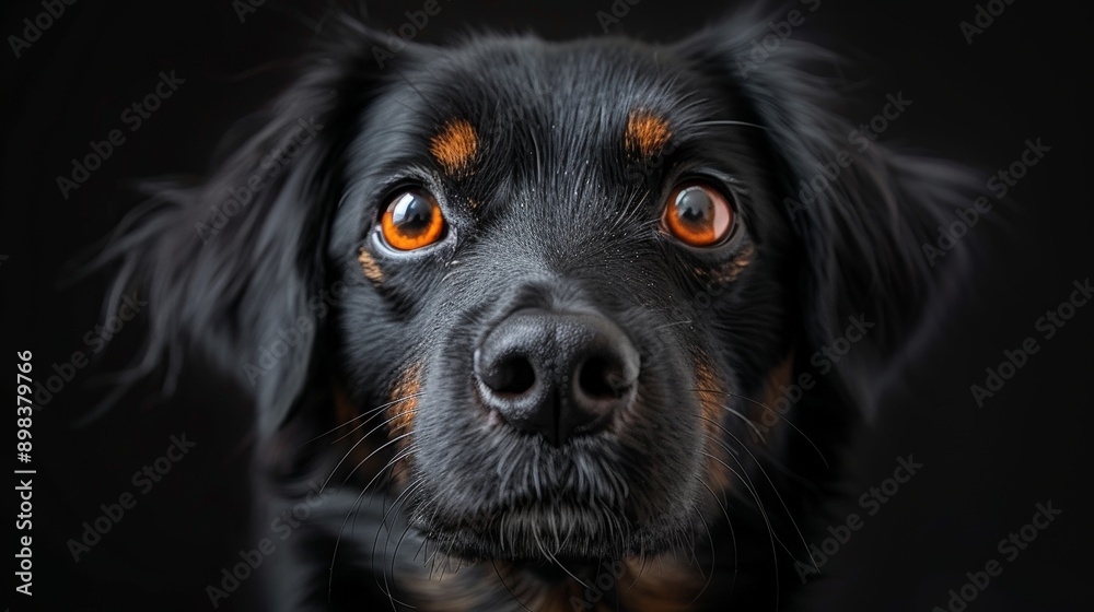 Black dog with brown eyes stares at the camera against a dark background, showcasing its friendly nature in a captivating portrait. Ideal for animal lovers seeking a heartwarming image Black dog with brown eyes stares at the camera against a dark background, showcasing its friendly nature in a captivating portrait. Ideal for animal lovers seeking a heartwarming image