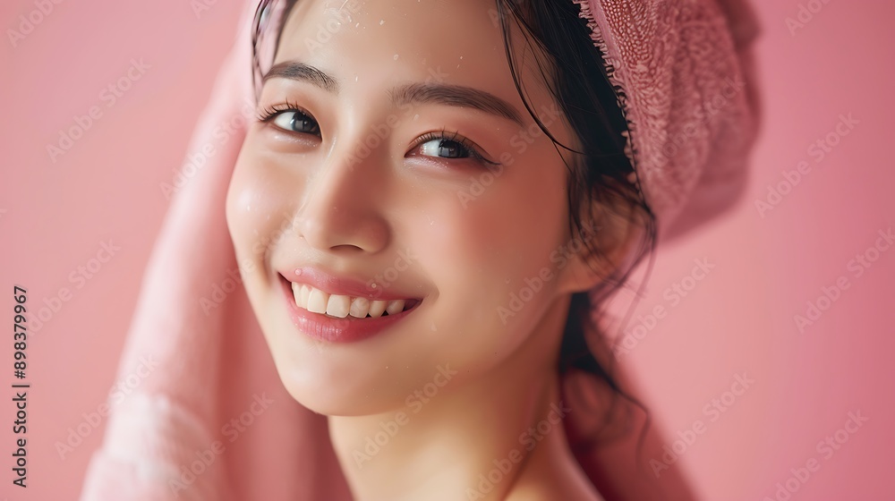 Radiant Smiling Woman with a Towel on Her Head Showcasing Glowing Skin and Natural Beauty Radiant Smiling Woman with a Towel on Her Head Showcasing Glowing Skin and Natural Beauty