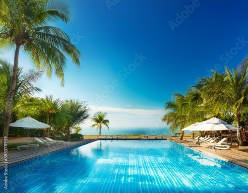 Blur summer background for resort hotel pool party with blue cool sky and tropical palm tree Generative AI