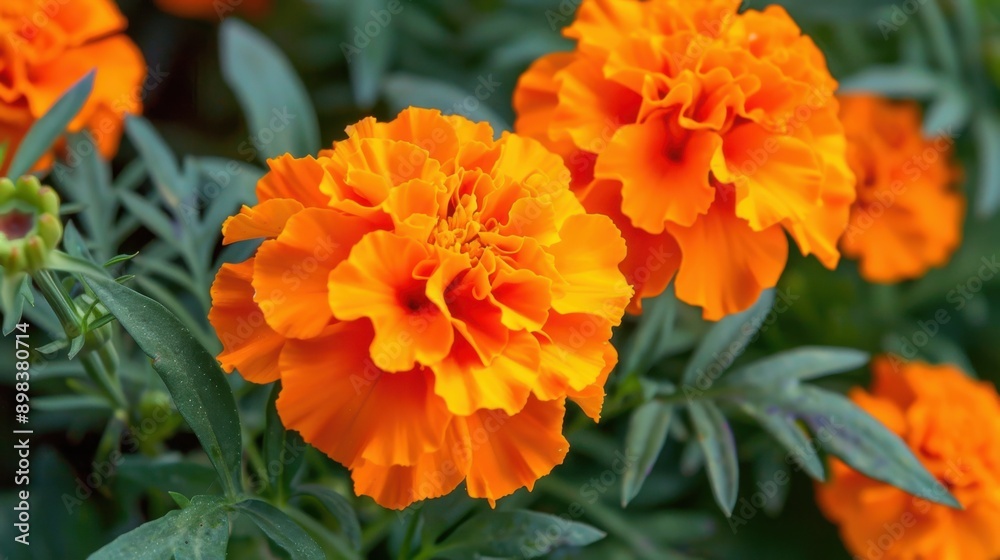 Close-up of vibrant orange marigold flowers in full bloom, showcasing delicate petals and lush green foliage in a garden setting. Close-up of vibrant orange marigold flowers in full bloom, showcasing delicate petals and lush green foliage in a garden setting.