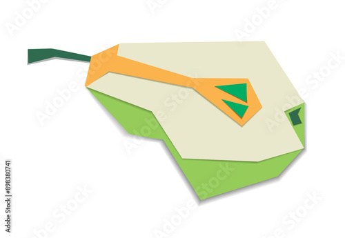 A cut pear made of colored paper. Vector illustration. Application. Tasty and healthy. Naive children's creativity