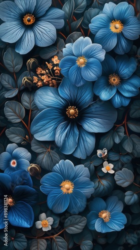 Blue Flowers on Black Background