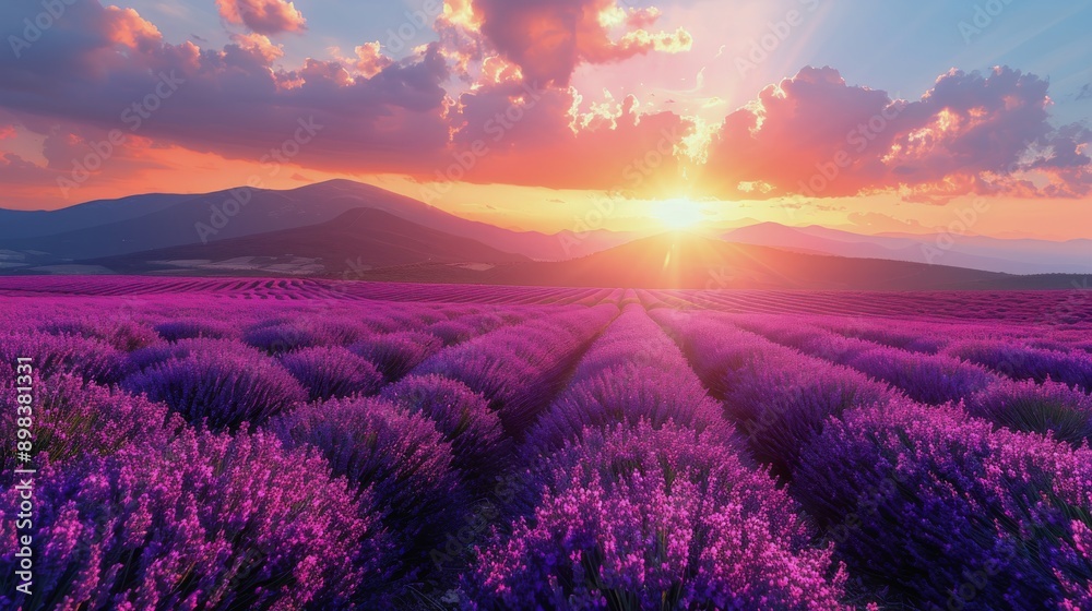 Sun Setting Over Lavender Field Sun Setting Over Lavender Field