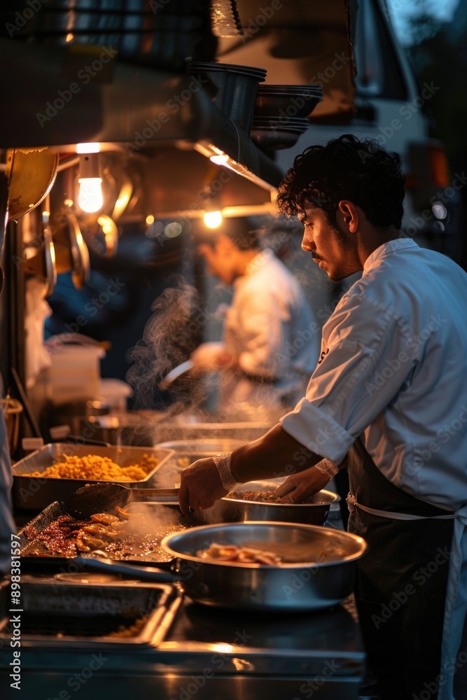 A man is cooking food in a restaurant kitchen A man is cooking food in a restaurant kitchen