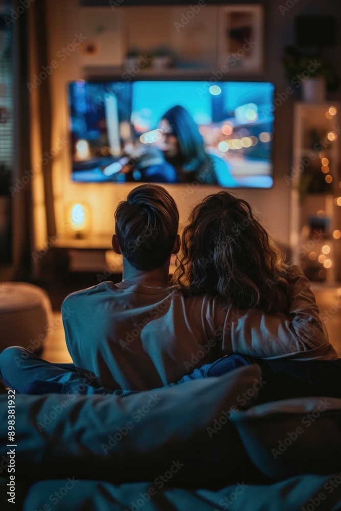 A couple is watching television together in a dimly lit room