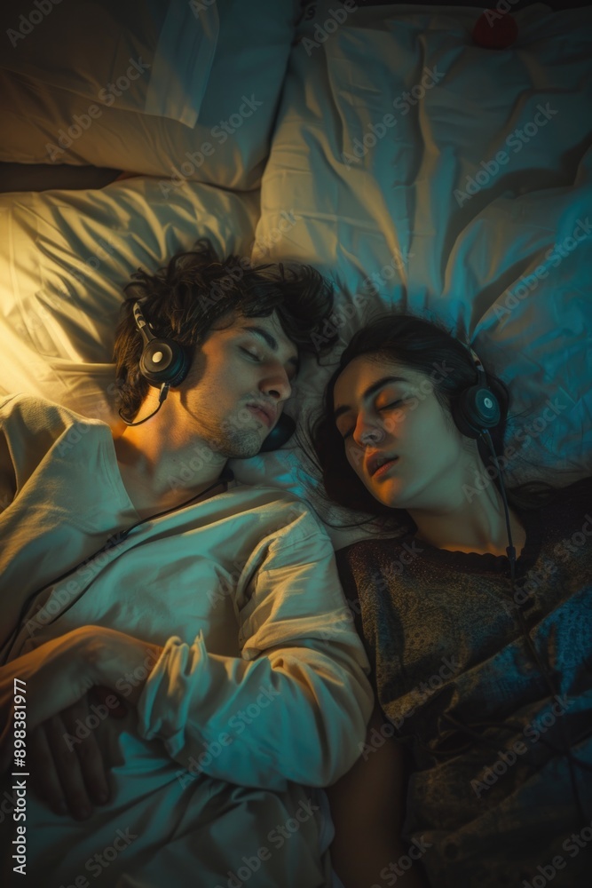 A man and a woman are sleeping in bed with headphones on A man and a woman are sleeping in bed with headphones on