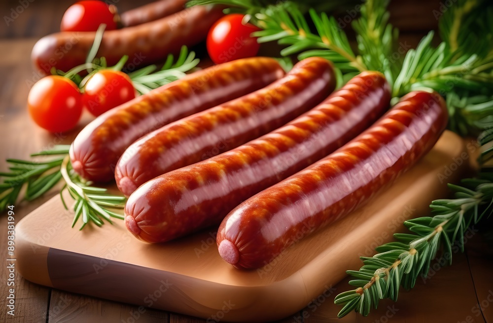 Juicy sausages sausages on a wooden board in close-up. Vegan food on the board to advertise the restaurant and menu. Delicious juicy food. Juicy sausages sausages on a wooden board in close-up. Vegan food on the board to advertise the restaurant and menu. Delicious juicy food.