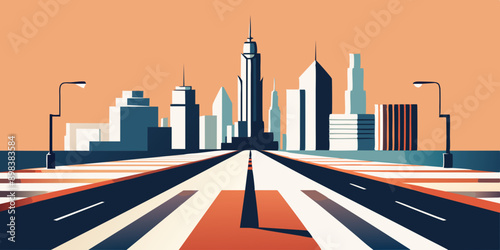 Dynamic City Road with Skyscrapers and Traffic Lights Illustration.