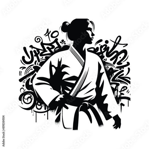 Judo , martial art ,  Karate , Taekwondo  female player in graffiti tags, street art pattern illustration, emblem shield badge