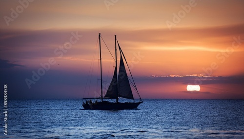 Silhouette of a sailboat on the horizon at dusk