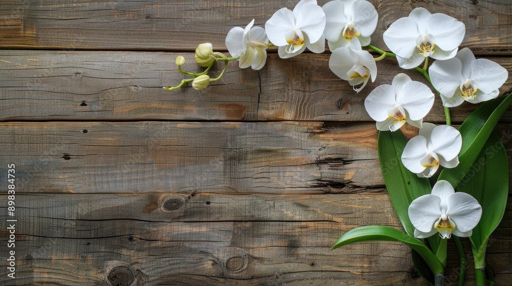 Floral orchids displayed against wooden backdrop Floral orchids displayed against wooden backdrop