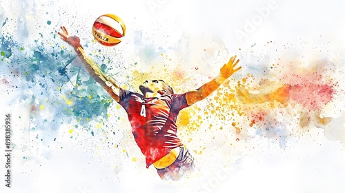 volleyball player reaching for a shot is illustrated in a dynamic watercolor style, with energetic splashes of color on a white background, conveying movement and excitement photo