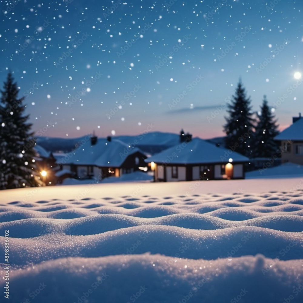 Cute Christmas night landscape covered with fresh snow. Wonderful winter village. New Year Christmas atmosphere. Festive enchanting winter wonderland. Snowflakes, snowdrifts and hills. AI generated Cute Christmas night landscape covered with fresh snow. Wonderful winter village. New Year Christmas atmosphere. Festive enchanting winter wonderland. Snowflakes, snowdrifts and hills. AI generated
