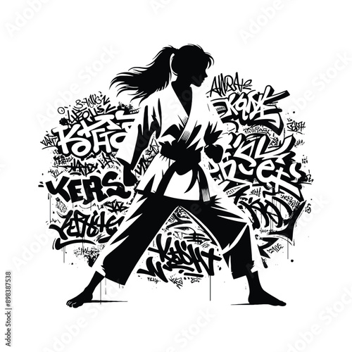 Judo , martial art ,  Karate , Taekwondo  female player in graffiti tags, street art pattern illustration, emblem shield badge
