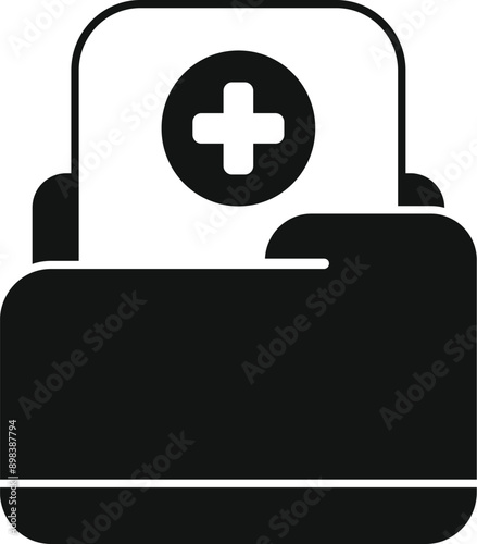 Black and white icon of a medical folder containing healthcare information, symbolizing medical records, patient files, and digital health data