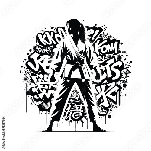 Judo , martial art ,  Karate , Taekwondo  female player in graffiti tags, street art pattern illustration, emblem shield badge