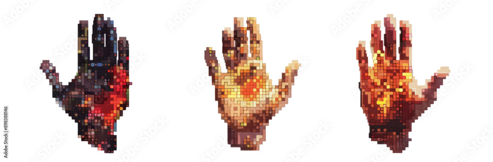 Pixel Art Hands Gestures Stop, High Five, Shaka Sign Isolated cut out PNG on transparent. Creative Digital Design of Human Hand Poses. Pixel Art Hands Gestures Stop, High Five, Shaka Sign Isolated cut out PNG on transparent. Creative Digital Design of Human Hand Poses.