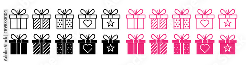 Gift box vector icon set. Birthday present box with ribbon symbol. event giftbox prize icon. christmas present symbol. in black and pink color