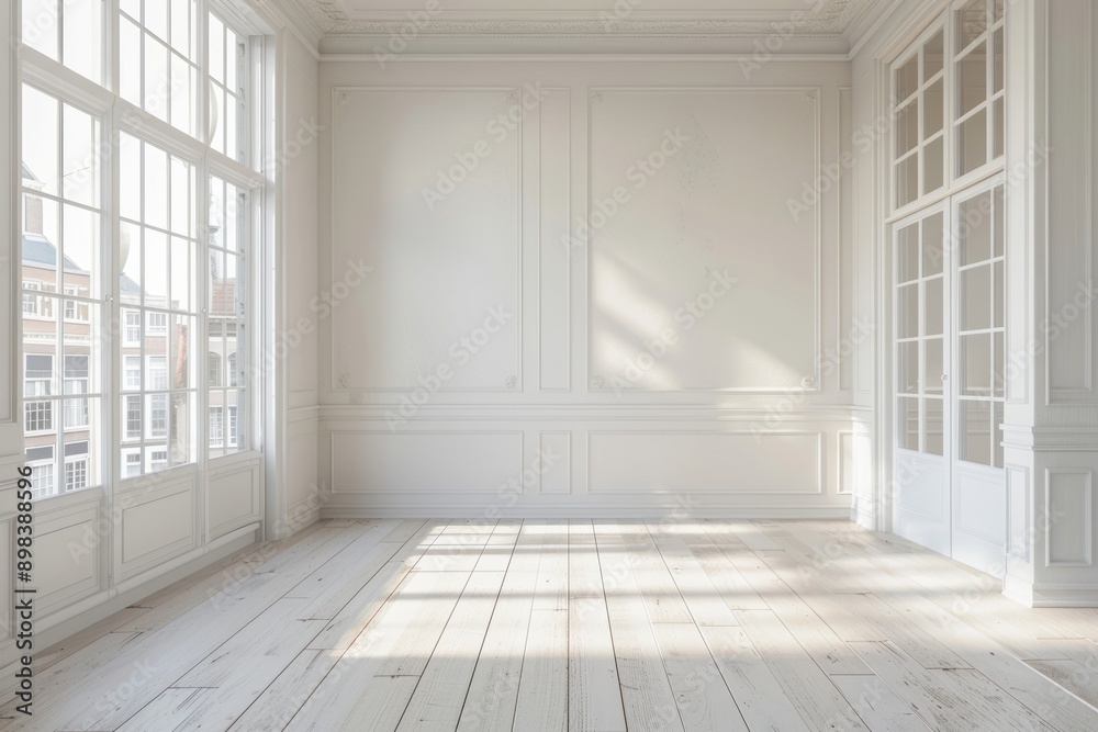 Classic interior with white walls, wooden floor and window. Classic interior with white walls, wooden floor and window.