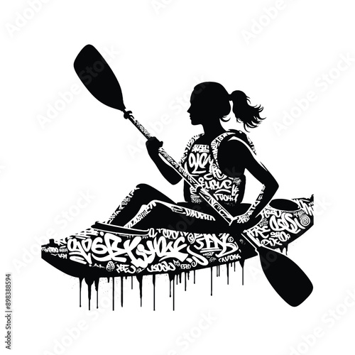 Kayaking  female player in graffiti tags, street art pattern illustration, emblem shield badge