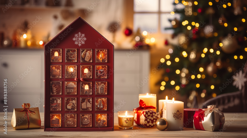 Fototapeta premium Christmas Advent Calendar With Candlelight And Gift Boxes Featuring Decorative Ornaments And Cozy Holiday Decor