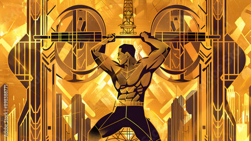 Art Deco Weightlifting: An art deco-style illustration of a weightlifter with the Eiffel Tower in the background on a gold background.




