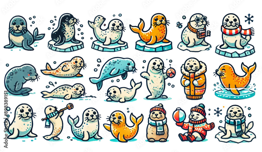 Obraz premium Cute Seal Cartoon Collection in Various Activities