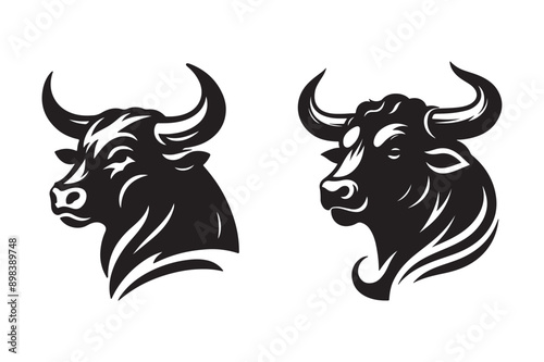 bull set black silhouette vector illustration white background