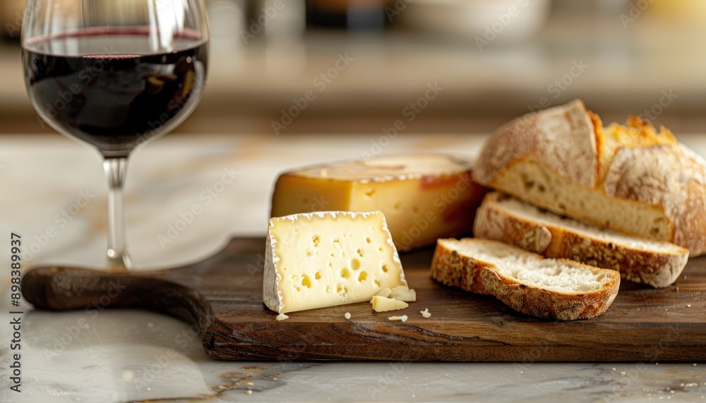 Glass of Red Wine With Cheese and Bread on a Wooden Cutting Board Glass of Red Wine With Cheese and Bread on a Wooden Cutting Board
