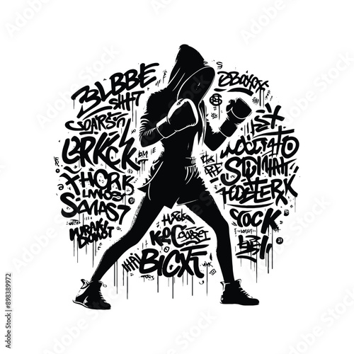 Boxing, Kickboxing   female player in graffiti tags, street art pattern illustration, emblem shield badge