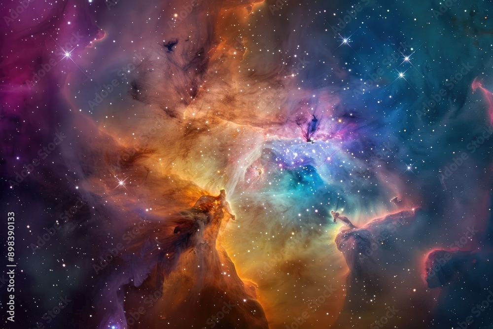 Obraz premium Nebulous clouds of colorful gases forming new stars, A stunning view of the Orion Nebula, a celestial masterpiece filled with swirling clouds of gas and bright stars, Ai generated
