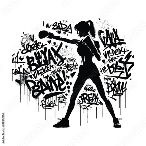 Boxing, Kickboxing   female player in graffiti tags, street art pattern illustration, emblem shield badge